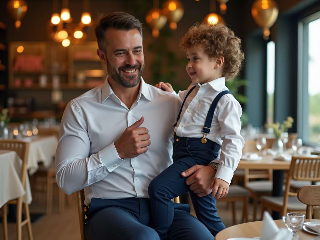 Uśmiechnięty mężczyzna trzyma na kolanach chłopca w eleganckim wnętrzu restauracji.